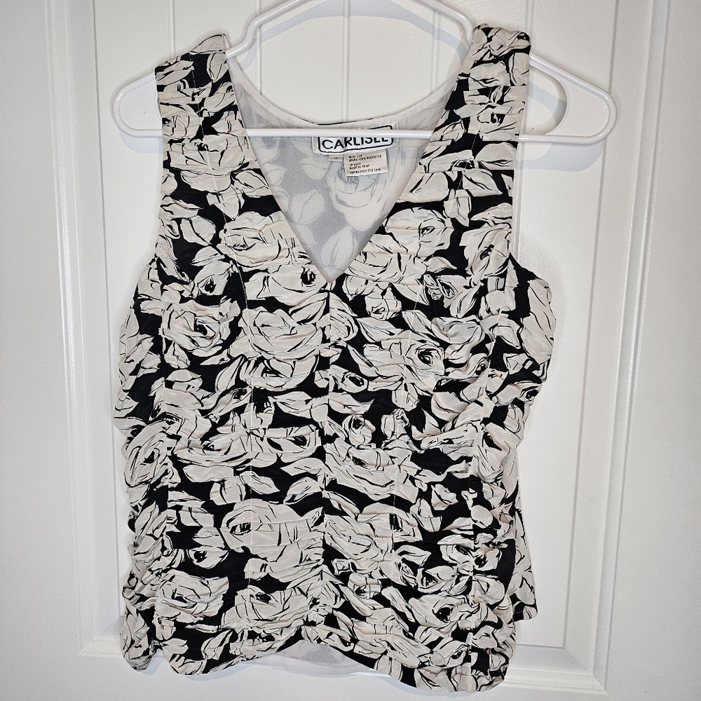 Carlisle 100% Silk Ruched Floral V-Neck Tank Top Black Cream Size L